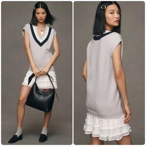 Anthropologie Varsity Short Sleeve Twofer Mini Dress Grey Size Medium NWT